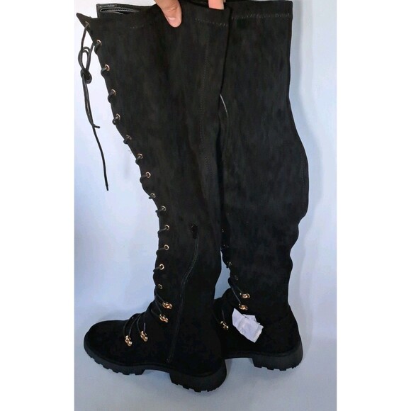 JustFab Phyllida Flat Black Over the Knee Lace Up Boots Women's Size 7 NEW NIB - Picture 2 of 10